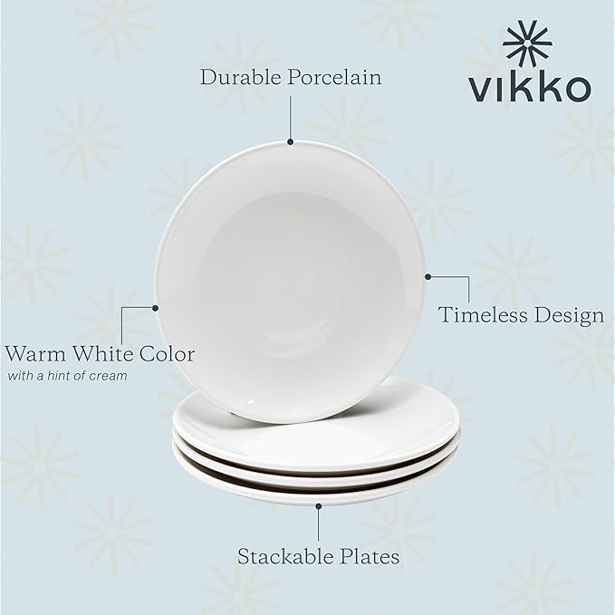 Vikko Appetizer Plates Set of 4 White Ceramic Plates Salad Plates Set Stackable 8 Inch Round Plates Dishwasher Safe Bead and Butter Plates Durable Plates for All Occasions