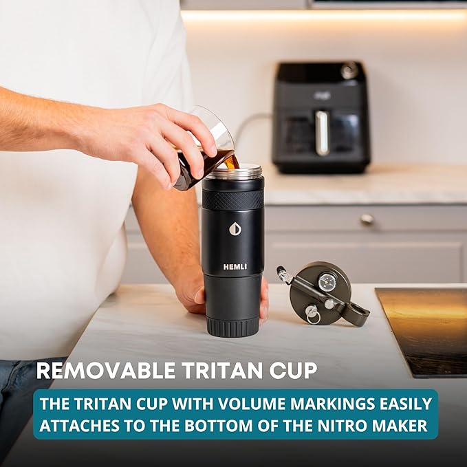 Nitro Cold Brew Coffee Maker 12 oz Ceramic-Lined Tritan Cup Pressure Gauge Stores 3 Nitrogen Gas Bulbs Custom Designed for Cold Brew and Nitro Drinks