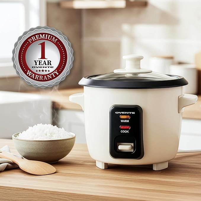 OVENTE Electric Rice Cooker 4-Cups (Cooked) with Removable Nonstick Pot Keep Warm Function Cooks Grain Oatmeal and Makes Soups Stews or Hot Cereals Includes Measuring Cup and Spatula Cream RC04C