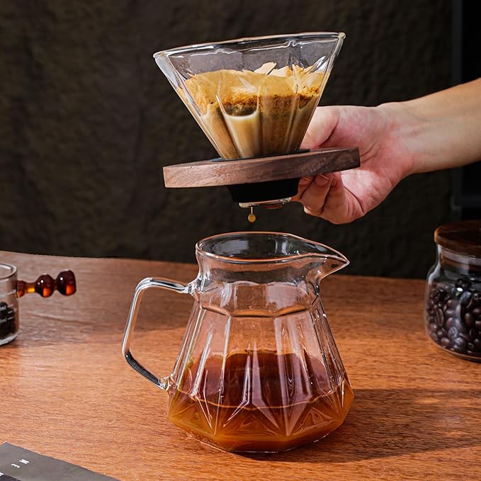 Pour Over Coffee Maker Set 21 oz/620ml Glass Pour Over Coffee Dripper Filter Coffee Maker Kit Manual Grinder with Walnut Handle for Home Office Cafe Restaurant Camping (Clear)