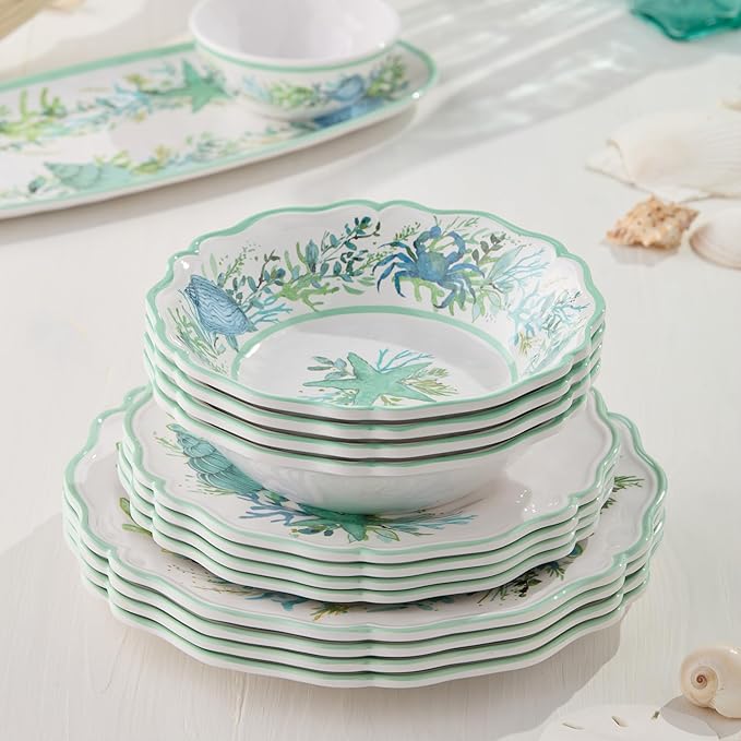 Sea Glass 12 Pc. MELAMINE DINNERWARE SET SERVICEfor 4 coastal mix‑and‑match plates and bowls with ocean motifs ideal for indoor outdoor dining beach homes patios poolside meals