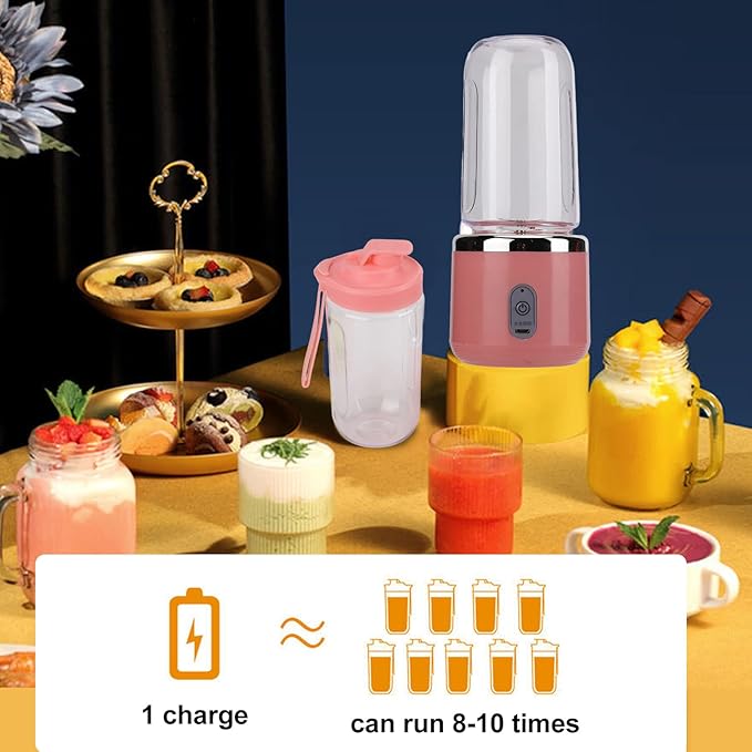 Pilipane 1200mAh USB Rechargeable Portable Blender Pink with 6 Blades 300ml Capacity