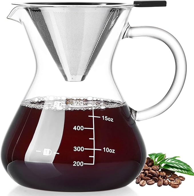 Unbreakable - Pour Over Coffee Maker with Double Stainless Filter 17oz Thickened Heat-Resistant Borosilicate Glass Dripper Coffee Pour Over Stovetop Safe