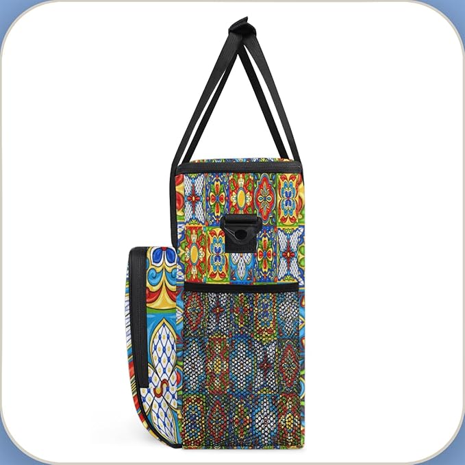 Ethnic Mexican Colorful Flowers Plaid Coffee Maker Carrying Bag Coffee Machine Travel Storage Tote Bag Compatible with K-Mini or K-Mini Plus Portable Single Serve Coffee Brewer Case with Pockets