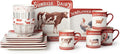 Vintage Farm 16-Piece Dinnerware Set Includes 10.5-Inch Dinner Plates 8.5-Inch Salad Plates 16-Oz Mugs &amp 5.25-Inch Bowls Farm Animal Design with Red Accents Rustic &amp Dishwasher Safe