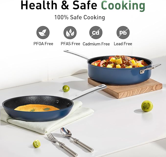 Kitchen Academy 3 Pcs Plasma Titanium Nonstick Frying Pans Set Induction 10 Skillet &amp 11.8/6QT Saute Pan with Stainless Steel Handle PFOA &amp PFAS-Free Oven Safe