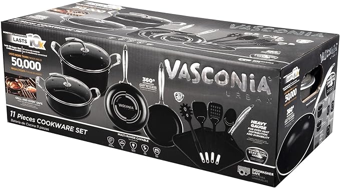 Vasconia 11-Piece Aluminum Cookware Set - Nonstick Pots and Pans with Lids - Dishwasher Oven Safe up to 475°F - Skillets Griddle Casserole Dutch Oven - Black