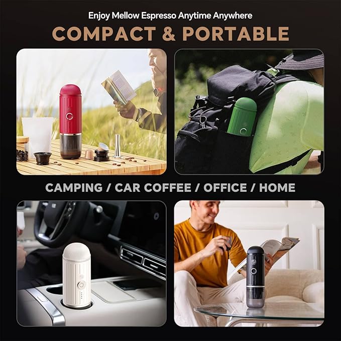 Portable Espresso Machine with 3-4 Min Self-heating 7800mAh Rechargeable Electric 2-in-1 Coffee Machine Compatible with NS Capsules and Ground Coffee for Car Camping Travelling Office Home  Green