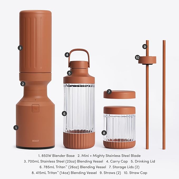 Beast Mighty 850 Stainless Steel | Compact Personal Blender | Extra Vessels | Keeps Blends Cold | Smoothies Shakes Sauces Dips | Portable Straw Caps and Lids | 850W (Terra)
