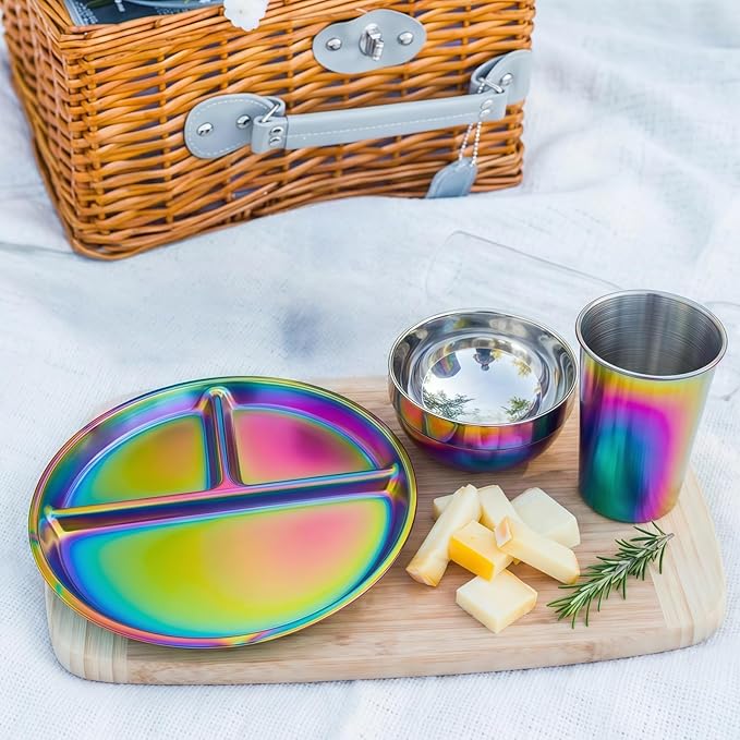 12-Piece Stainless Steel Rainbow Dinnerware Sets for 4 Unbreakable Reusable Divided Plates Bowls Cups Round Dishwasher Safe for Kitchen Camping Picnic RV