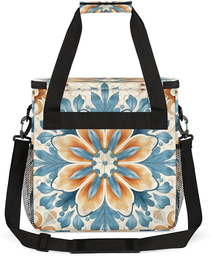 Retro Floral Design Coffee Maker Travel Bag for Keurig K-Mini/K-Mini Plus Insulated Waterproof Tote with Pockets for K-Cup Portable Single-Serve Brewer Case