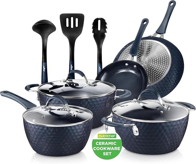 NutriChef 11 Piece Pots and Pans Set - Non Stick Cookware Set with Ceramic Coating Cool-Touch Handles Induction Ready Includes Lids and Utensils - Diamond Blue