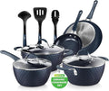 NutriChef 11 Piece Pots and Pans Set - Non Stick Cookware Set with Ceramic Coating Cool-Touch Handles Induction Ready Includes Lids and Utensils - Diamond Blue