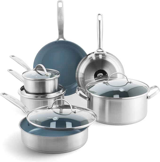 GreenPan Treviso 10 Piece Cookware Set Non-Toxic PFAS-Free Stainless Steel Ceramic Nonstick Coating Induction Suitable Pots Pans Lids Sauté &amp Saucepans Multi Clad Dishwasher &amp Oven Safe
