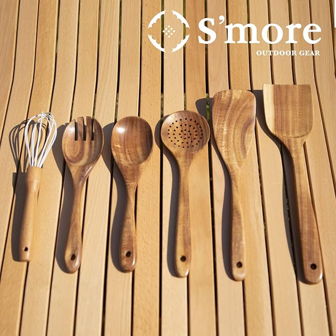 S'more Kitchen Tools 7 Set Kitchen Tools Set Cookware Wood Natural Teak Wood Cooking Tools 7-Piece Set Beige One Size Fits All