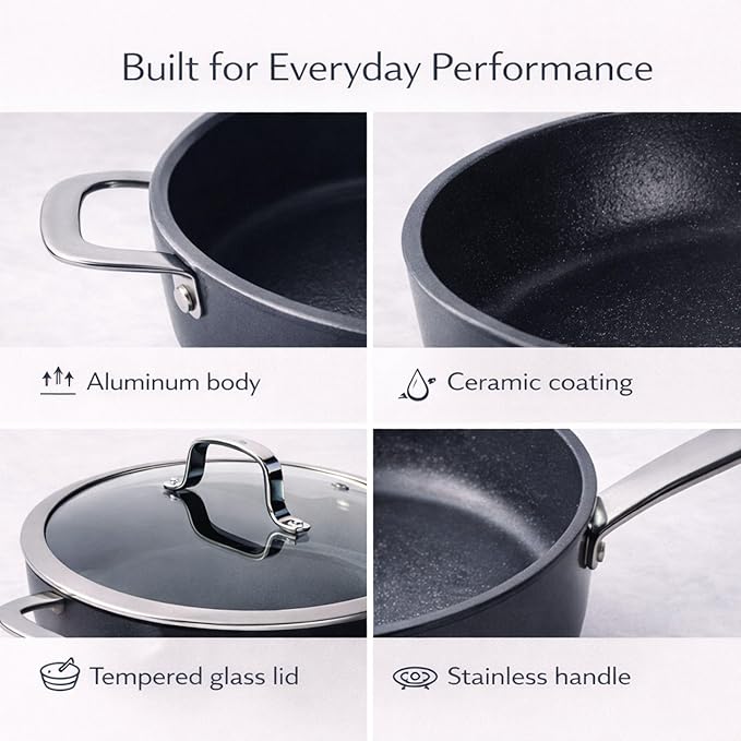 Alva Maestro 4QT Ceramic Nonstick Sauté Pan with Lid – Made With No PTFE PFOA PFAS Oven &amp Induction Safe to 400°F – Easy Clean Deep Sauté Pan for Family Meals Braising &amp One-Pot Cooking