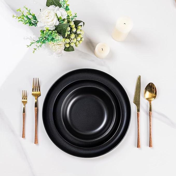 AmorArc Ceramic Dinnerware Sets Wavy Rim Stoneware Plates and Bowls SetsDishwasher &amp Microwave &amp Oven Safe Dishes set Service for 4 (12pc)-Matte Black
