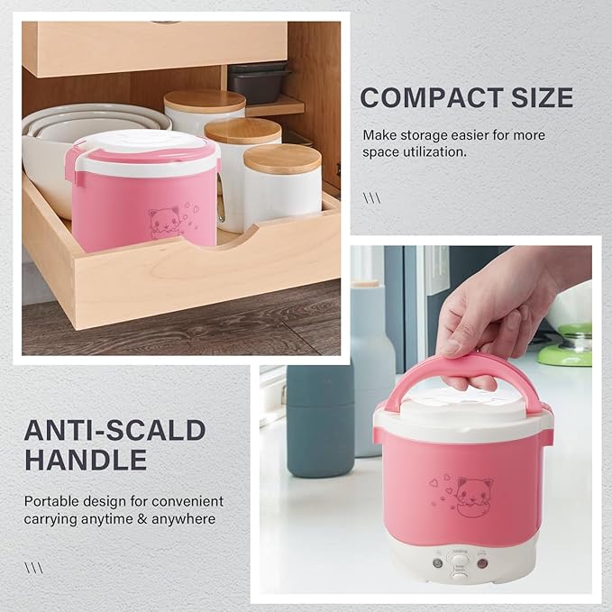 OSBA Small Rice Cooker12v Portable Travel Rice Cooker For Car Cooking Heating and Keeping Warm Function Can be Used As a Electric Lunch Box (Pink)
