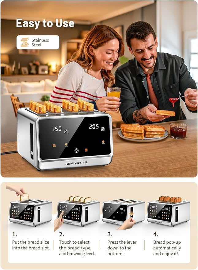 4 Slice Toaster with Touch Screen Stainless Steel Smart Bread Toaster 1.5 Wide Slots 6 Shade Settings &amp 6 Bread Types for Bagels Timer Single Slice Toasting Reheat Defrost 1800W