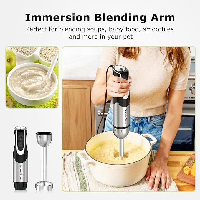 Bonsenkitchen 4-in-1 Immersion Blender Handheld with Food Processor 12 Speeds Hand Blender with Turbo Mode Stainless Steel Blade Egg Whisk Beaker &amp Chopper Bowl Stick Mixer for Smoothie Pure