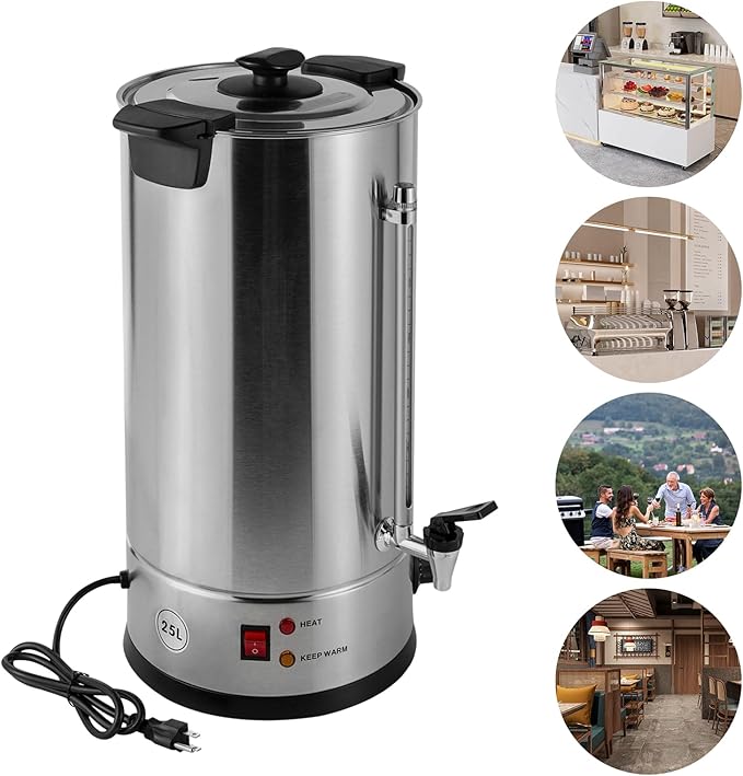 25L Commercial Grade Stainless Steel Percolate Coffee Maker Hot Water Urn Stainless Steel Large Coffee Dispenser 1400W Electric Coffee Maker Urn for Catering Party