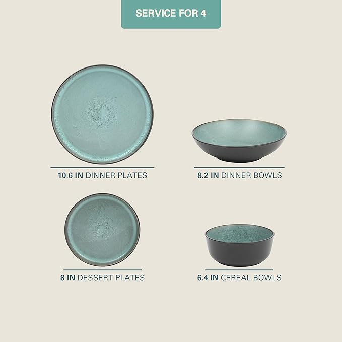 Gibson Elite Tribeca Loft 16-Piece Dinnerware Set – Matte Black and Green Reactive Glaze Stoneware Double Bowl Round Plates and Bowls – Modern Rustic Tableware for 4 Dishwasher &amp Microwave Safe