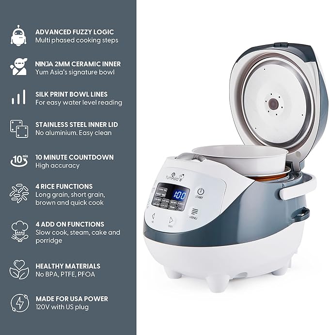 Yum Asia Panda Mini Rice Cooker With Ninja Ceramic Bowl and Advanced Fuzzy Logic (3.5 cup 0.63 litre) 4 Rice Cooking Functions 4 Multicooker functions Digital LED display - 120V