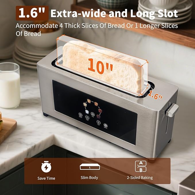 2 Slice Toaster with Touch Screen Slim Toaster For Long Slice 1.6 Wide Slot 6 Browning Levels 1000W Fast Heating Slim Stainless Steel Design for Bagels Baguettes Compact Kitchen &amp RV Use