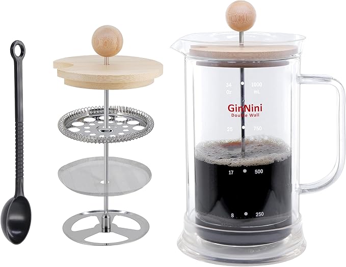 34-Ounce plastic free French Press Coffee Maker Double Wall Glass coffee press Stainless Steel Filter and Shaft Bamboo Knob and Lid Heat-Resistant tea french press no plastic large tea maker
