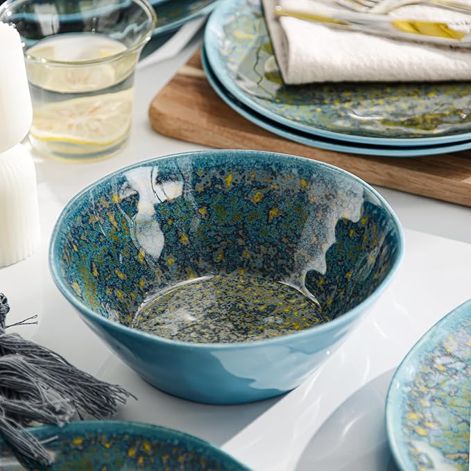 FINE&ampNICE Melamine Dinnerware Set of 12Pcs Dish Set for 4 Lightweight Unbreakable Plates and Bowls Set Great for RVs Camping Dishwasher SafeRusty Blue