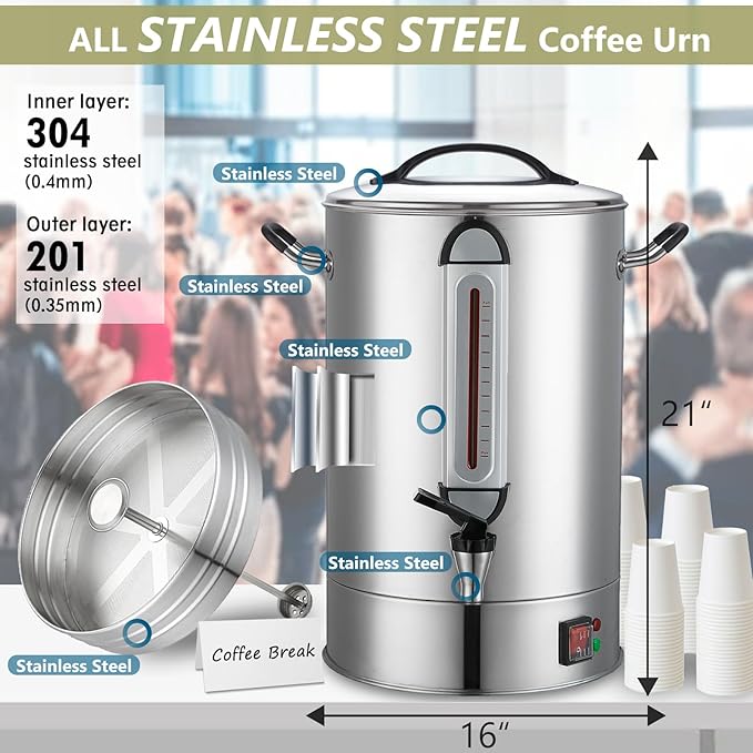 Commercial Coffee Urn 24L 160Cup Stainless Steel Quick Brew Hot Dispenser for Catering Commercial Grade Large Capacity Coffee Maker For Meeting Rooms Church School Stainless Steel