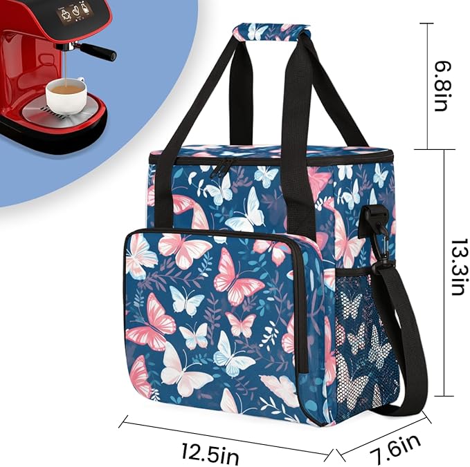 Watercolor Butterfly Coffee Maker Carrying Bag Modern Butterfly Travel Storage Bag Compatible with K-Mini or K-Mini Plus Single Serve Coffee Brewer Carrying Case with Pockets &amp Shoulder Strap
