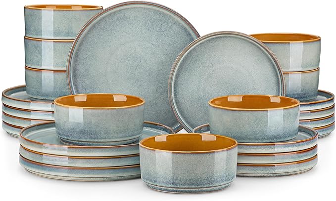 vancasso ONION Ceramic Plates and Bowls Sets 24 Pieces Light Blue Dinnerware Sets for Kitchen Reactive Glaze Dishes Set for 8 Dishwasher and Microwave Safe