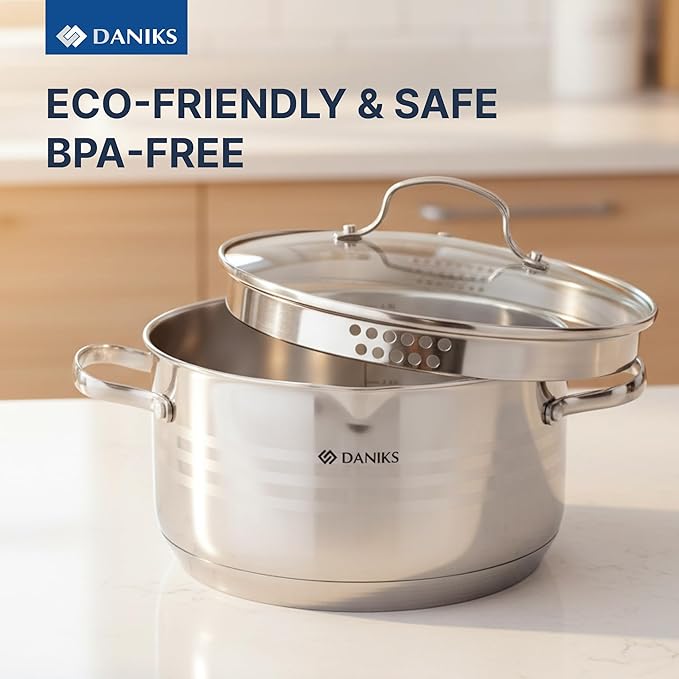 Daniks Tokio Stainless Steel Stock Pot 4.5 Quart with Glass Strainer Lid Induction Ready Dishwasher Safe Measuring Scale Silver