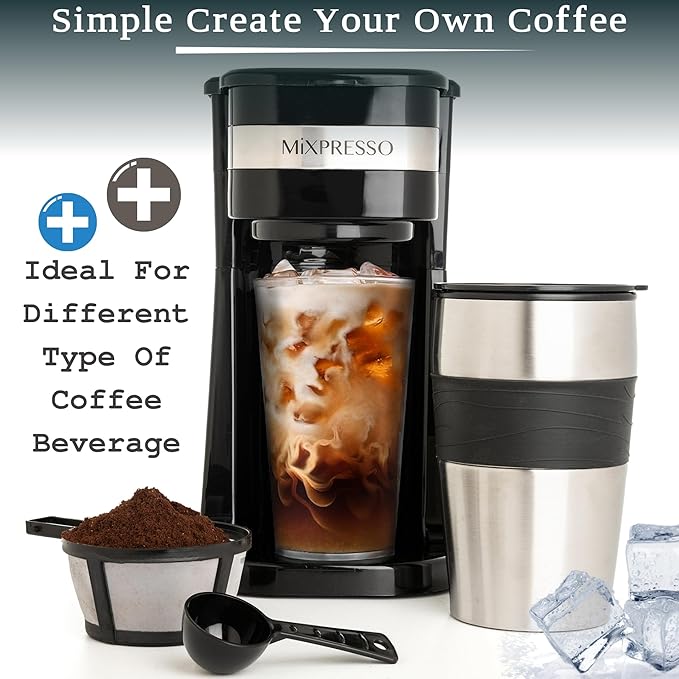 Mixpresso Black Personal Single Serve Coffee Maker with 14oz Travel Mug Drip Small Coffee Maker with Auto Shut Off Reusable Filter Works with Ground Coffee Only – Not for K-Cup Pods