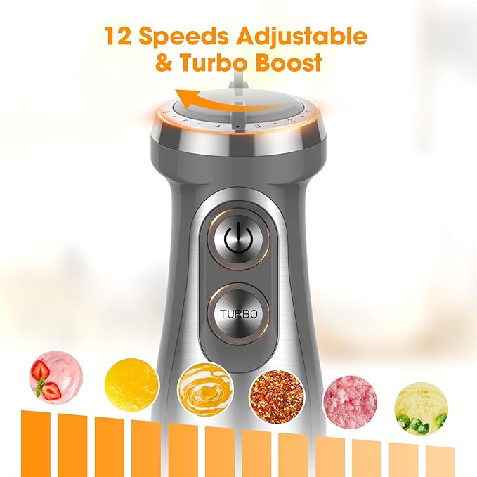 Immersion Blender 1000W Anti-scratch 5-in-1 Hand Blender Upgraded 12 Speed Stainless Steel Blade Stick Blender with Turbo Mode 20oz Beaker 17oz Chopping Bowl Whisk BPA-Free
