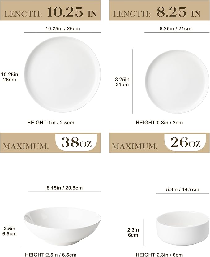 MALACASA Plates and Bowls Sets 24 Pieces Modern Porcelain Dinnerware Set for 6 Ceramic Dishware Dishes White Kitchen Dinner Dining Ware Set Microwave and Dishwasher Safe Series LUNA