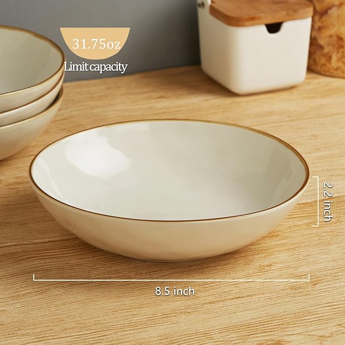 Famiware Ocean Round Plates and Bowls Sets for Kitchen 16-Piece Dinnerware Sets for 4 Microwave and Dishwasher Safe Vanilla White