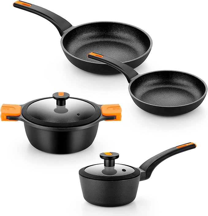 BRA COOKWARE Efficient Pro 6 Piece Cookware Set | Cast Aluminum Kitchenware Set | 1 Pots 2 Frying Pans 1 Saucepan 2 Lids | Non-Stick | All Stovetops Compatible | PFOA Free