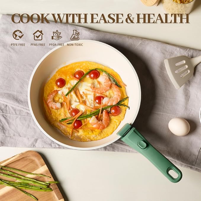 Ceramic Cookware Set 23Pcs Non Stick Pots and Pans Non Toxic with Detachable Handle Induction Kitchen Cookware Set Space Saving Oven &amp Dishwasher Safe Forest Green
