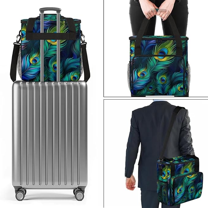 Peacock Feather Travel Coffee Maker Carrying Bag Large Organizer Storage Tote Bag Insulated Reusable Cooler Grocery Bags