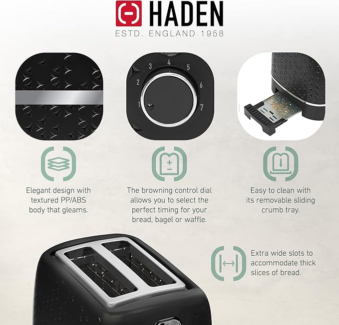 Haden Starbeck 2 Slice Wide Slot Stainless Steel Toaster with Adjustable Browning Control &amp Non-Slip Feet Black &amp Chrome