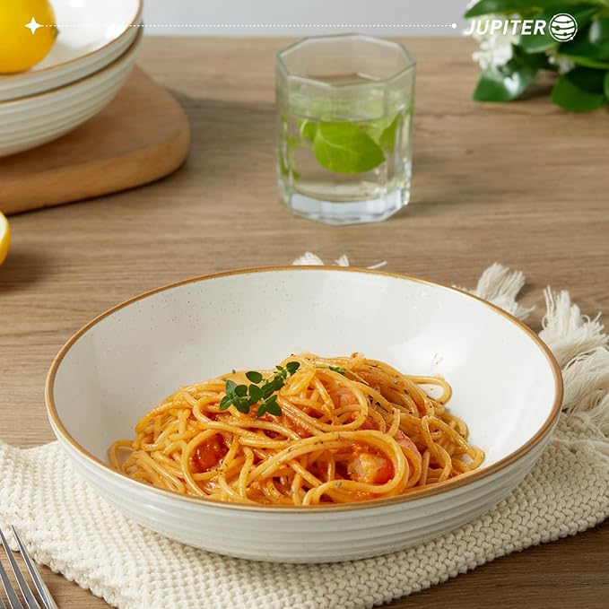 Famiware Jupiter Plates and Bowls Set for 4 16 Pieces Dinnerware Sets 8.5 Pasta Bowls for Serving White