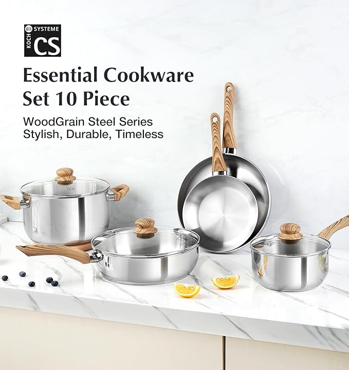 KOCH SYSTEME CS Stainless Steel Coowkare Set 10PCS Professional 18/10 Stainless Steel Pots and Pans Set with Cool-Touch Handles Tri-ply Base Kitchen Cookware Sets Cooking Set Induction Compatible