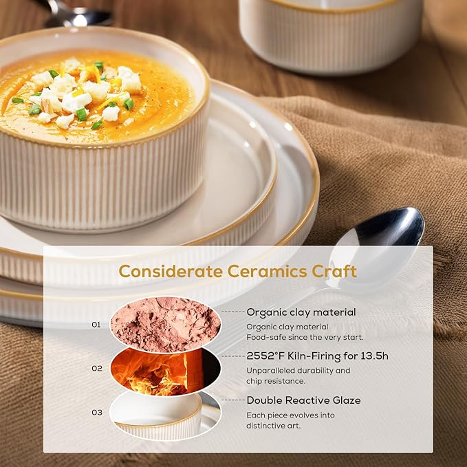 Romswi Stoneware 18Pcs Dinnerware Sets Ceramic Plates and Bowls Set for 6 Chip &amp Scratch Resistant Ribbed Dish Set Handmade Reactive Glaze Oven Microwave &amp Dishwasher Safe Cappuccino Whi