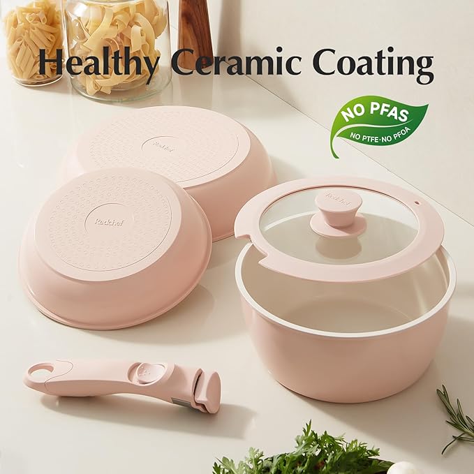Redchef Pans and Pots Set Nonstick Ceramic Cookware Set with Detachable Handles 16Pcs Induction Dishwasher Oven Safe Kitchen Cooking Set PFAS PFOA &amp PTFE Free Pink