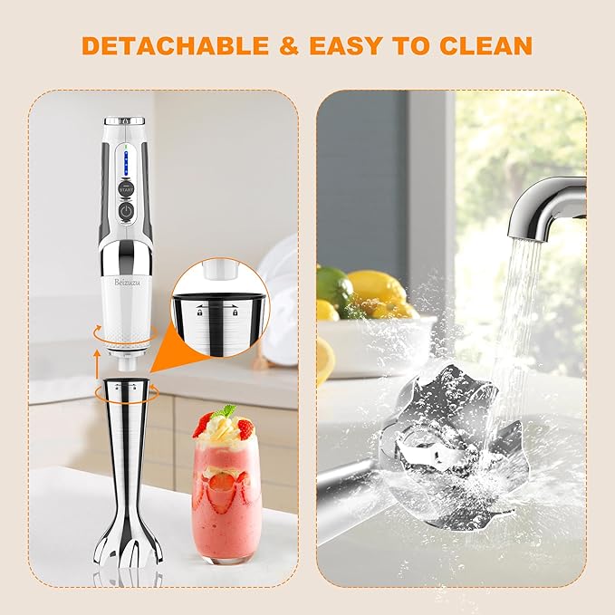 Cordless Immersion Blender: 4-in-1 Rechargeable Cordless Hand Blender 21-Speed &amp 3-Angle Adjustable with Chopper Beaker Whisk Beater for Milkshakes | Smoothies | Soup Baby Food (White)