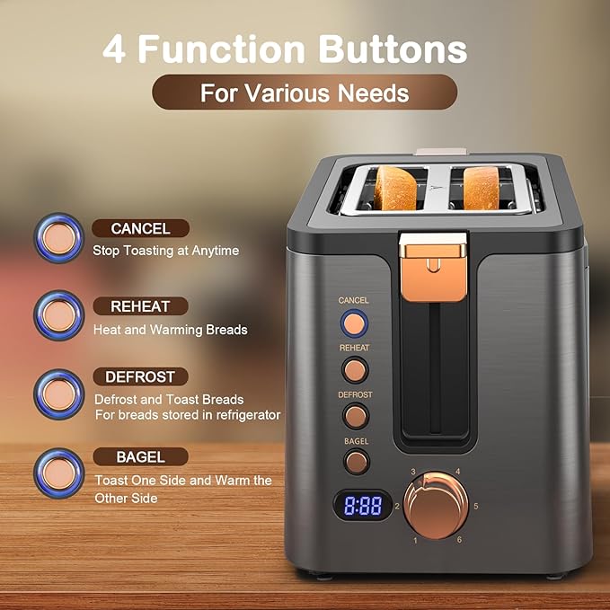 Mecity Toaster 2 Slice Stainless Steel Body Timer Bagel/Defrost/Reheat/Cancel FunctionsWarming Rack Removable Tray 6 Browning Settings Extra Wide Slots Bread Toaster 120V 800W Grey
