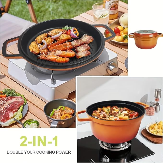 8-Piece Gradient Enamel Cookware Set Multi-Function Kitchen Collection with Soup Pot Steak Pan for Home RV Cooking (Orange Gradient 8-Piece Set)