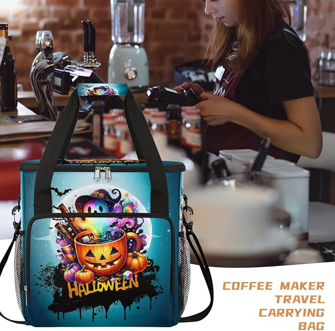 Halloween Potion Ghost Pumpkin Coffee Maker Carring Bag Travel Carrying Storage Tote Bag Compatible with Keurig K-Mini or K-Mini Plus Portable Single Serve Coffee Brewer Case with Pockets